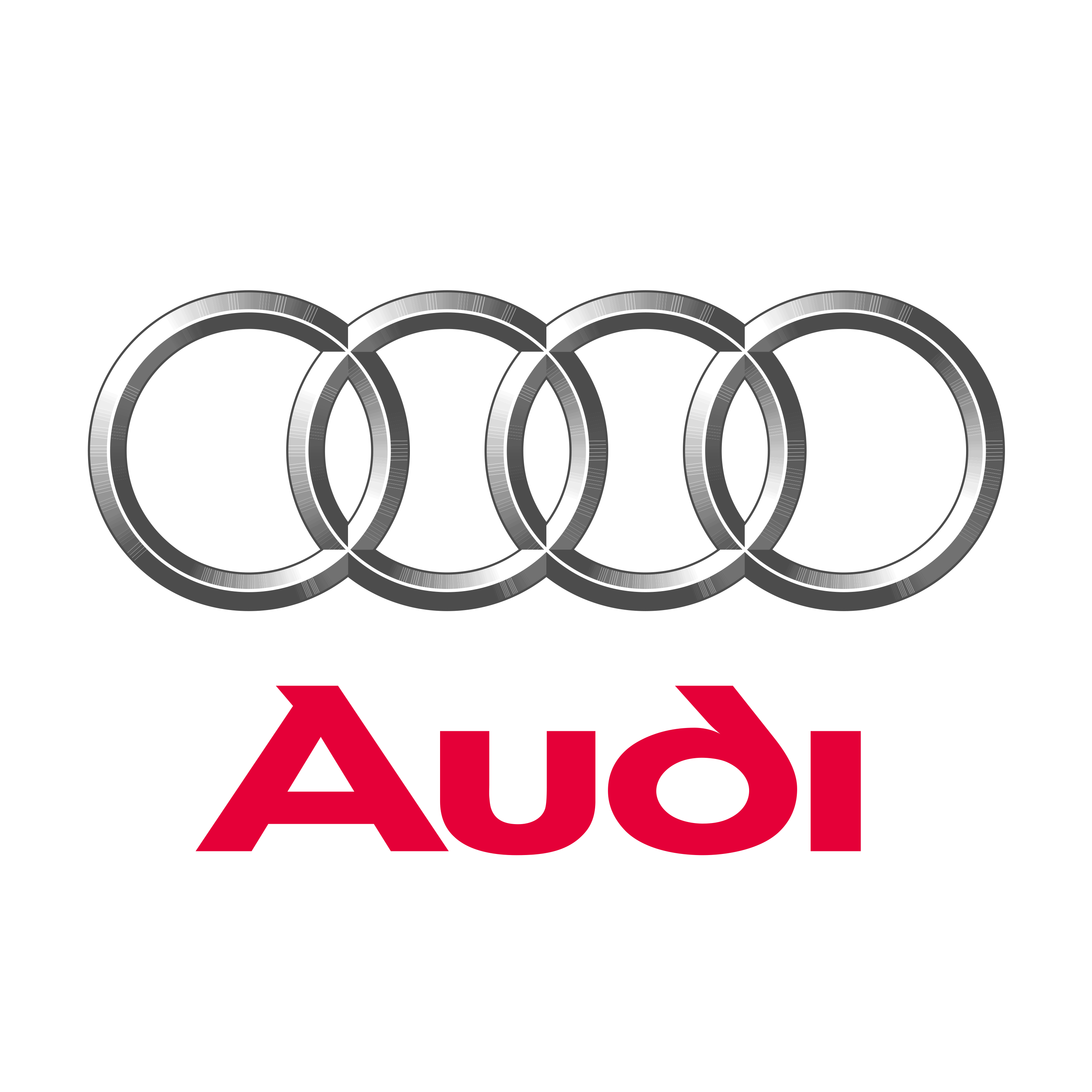 Audi logo consisting of four interconnected rings followed by the Audi brand name in red text.