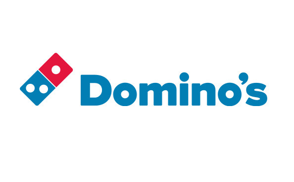 Domino's logo featuring a red and blue dice design with the brand name "Domino's."